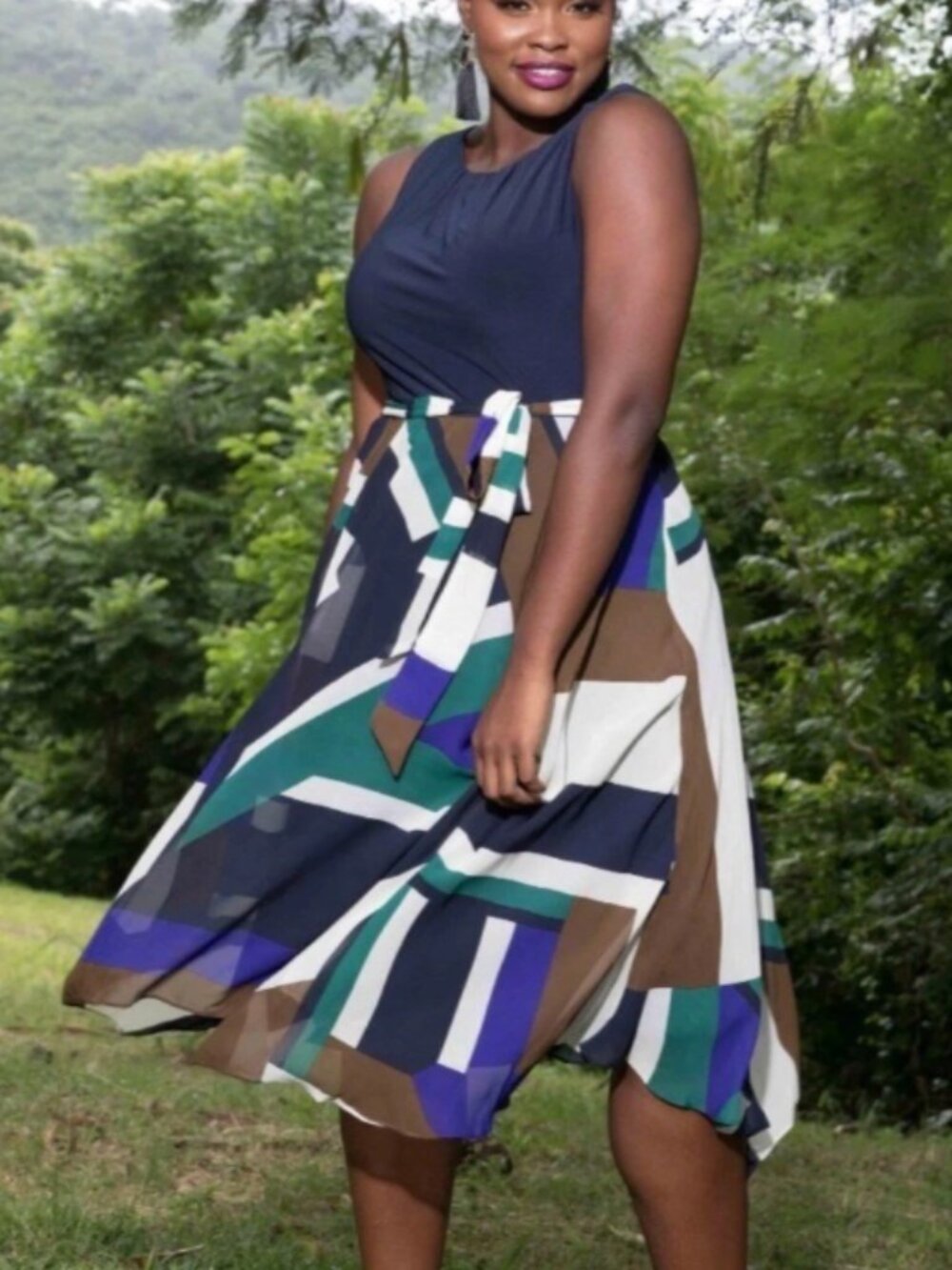 SLNY Handkerchief-Hem Sleeveless Midi Dress Womens 8 Navy Blue Belted New